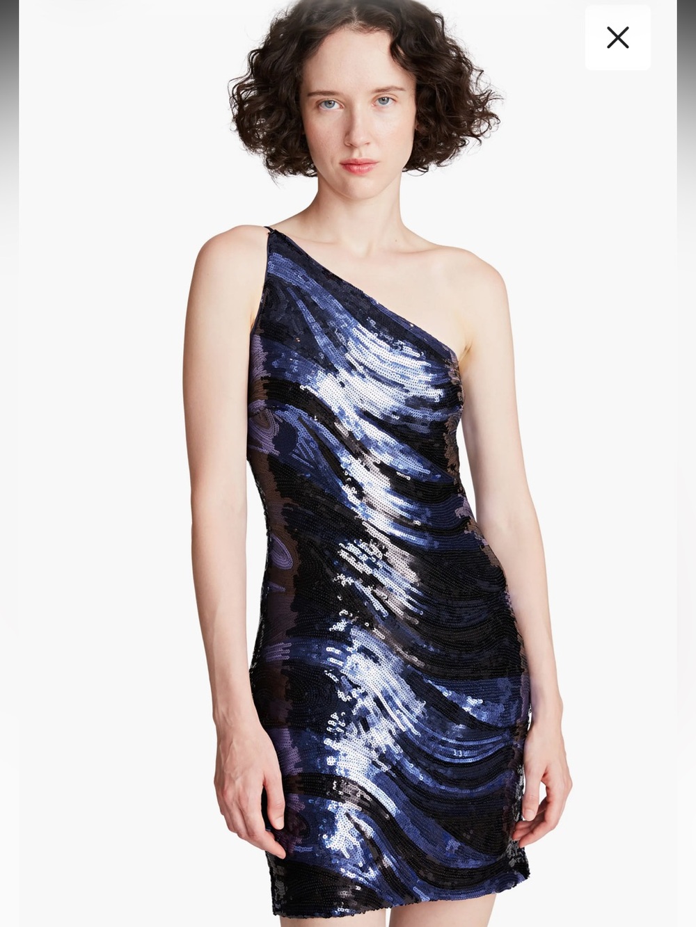 HALSTON Gabriella Sequin One Shoulder Dress Twilight Blue Black 12